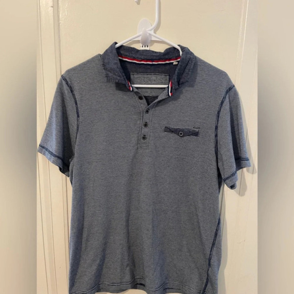 Guess Polo Size L Navy/White Nautical Stripe Short Sleeve Shirt